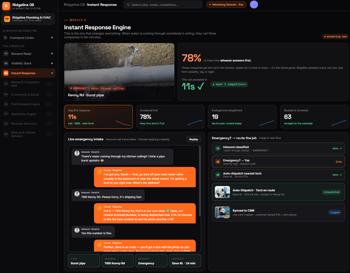 Claude AI Marketing System for Urgent-Service Trades Instant Response UI